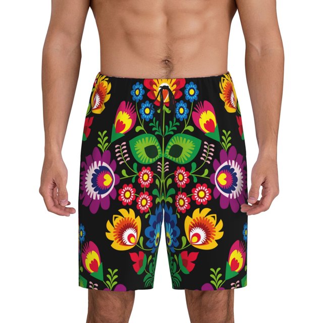 Balery Traditional Floral Polish Pantalones cortos de pijama de punto de algodón para hombre con cinturilla y bolsillos-XX-Large