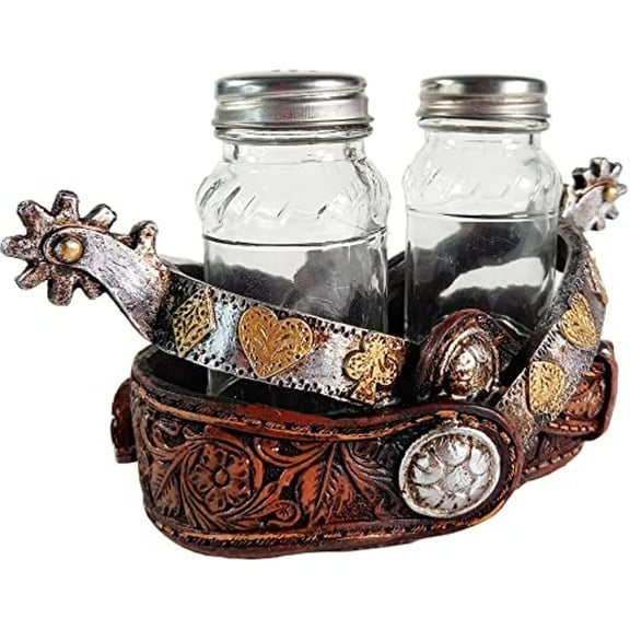 Urbalabs Western Cowboy Teal Cross, Horse Saddle, Belt Buckle Cowgirl Salt and Pepper Shaker Caddy Farmhouse Dinner Table Kitchen Ranch Decorations Rustic Cowboy Decor Hand Painted (Spur)