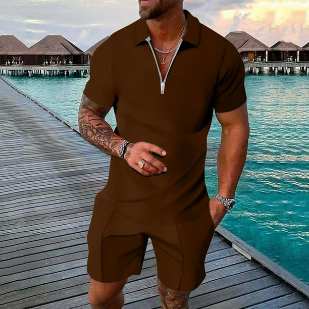 WILLBEST Traje Corto para Hombre, Dos Trajes para Hombre, Camisa y Pantalones Cortos de Color Liso con Cremallera En La Parte Superior.