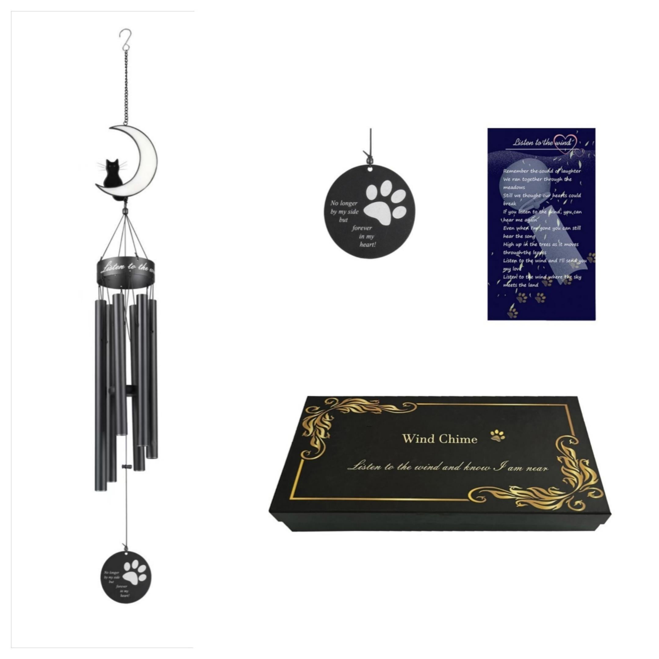 Wind Chimes Outdoor Large Low Tone Metal  Black Big 43in 2.5lb  Cat Memorial Heavy Duty Garden Patio Home Decor