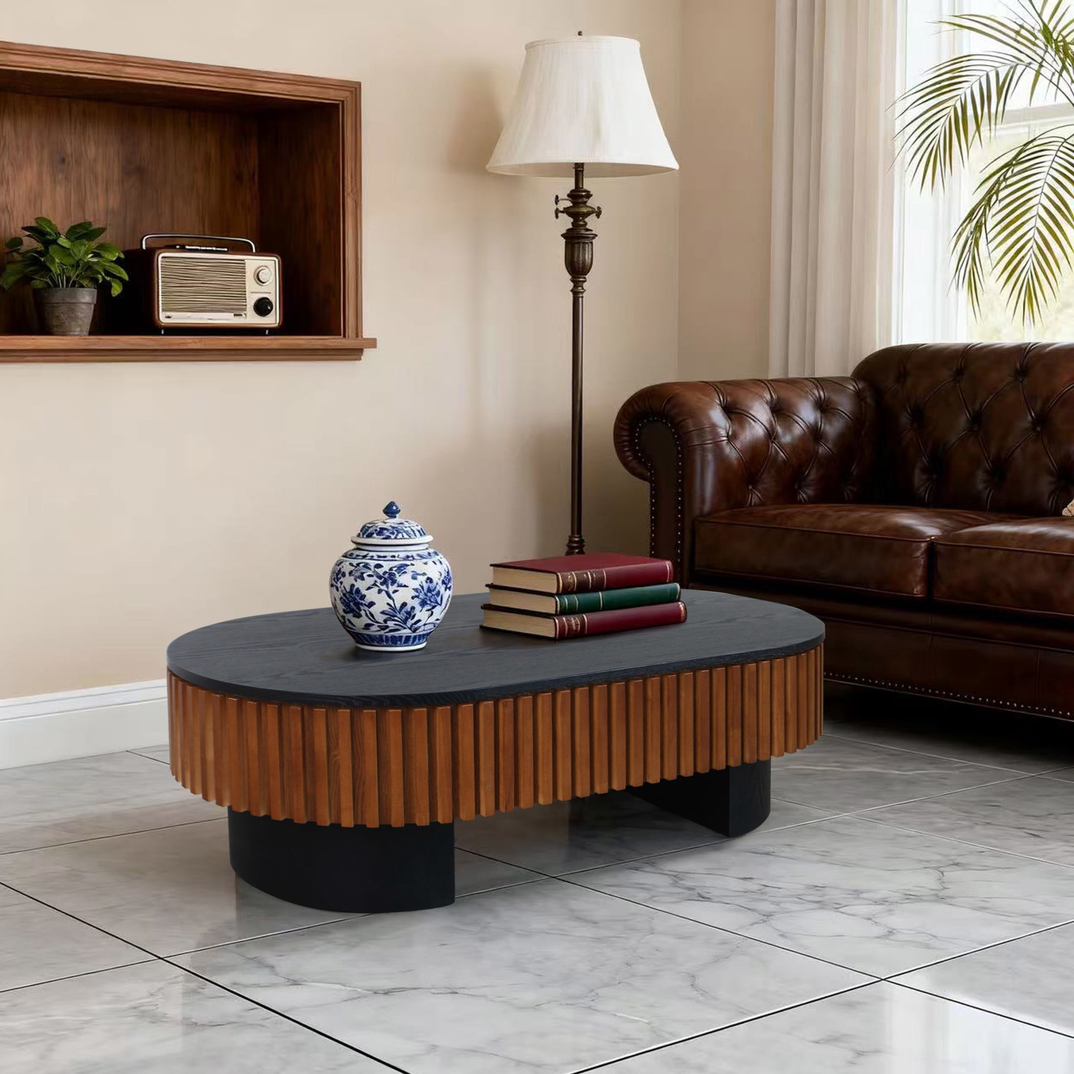 Noble House Mourade 44" Elliptical Coffee Table with Hidden Storage, Modern Fluted Mushroom Accent Table, Black