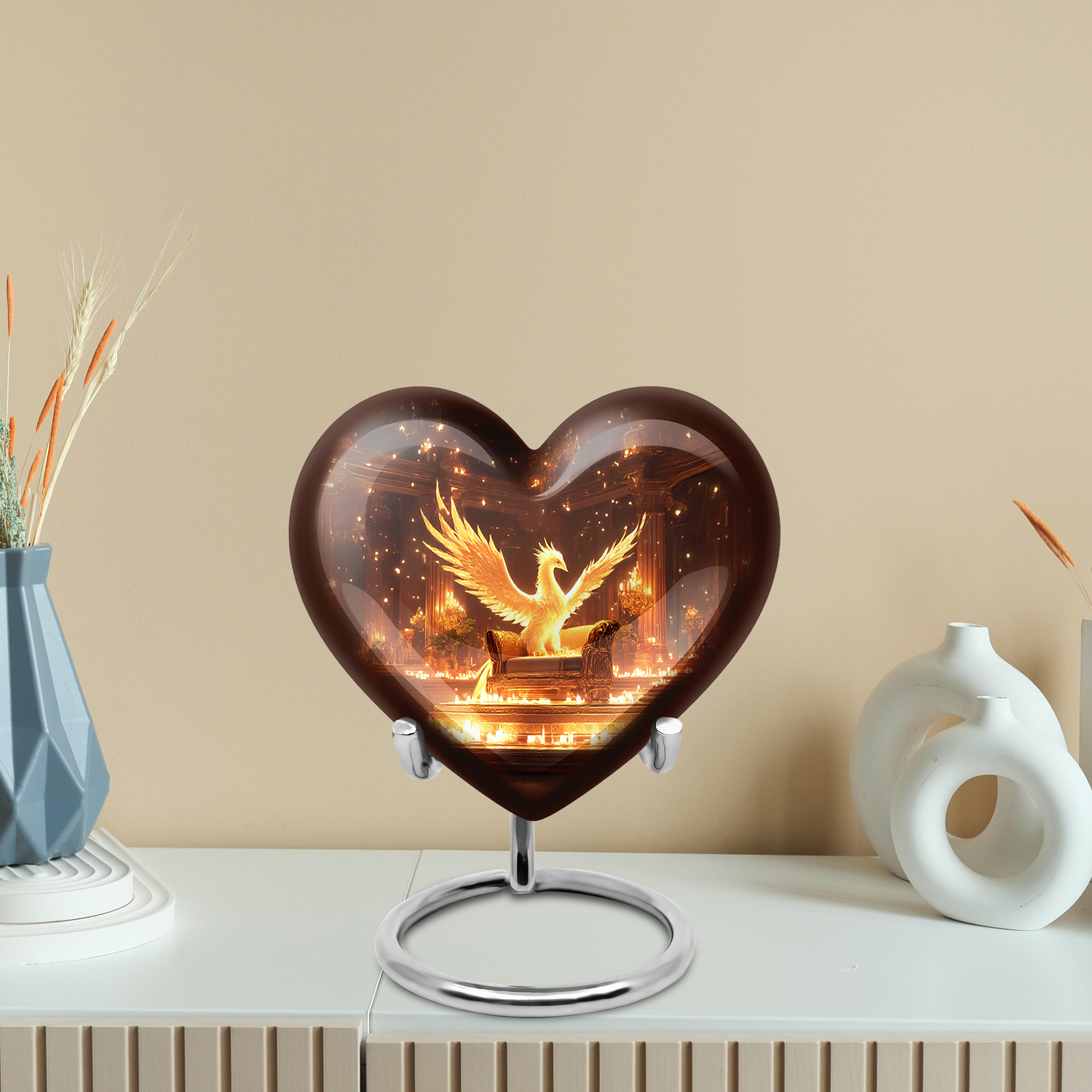 MUKTIVE Phoenix Large Urns for Human Ashes Adult for Burial, Memorial Heart Urns for Adult Female & Male, Decoartive Brown Ash Urn for Women, 8 Inch