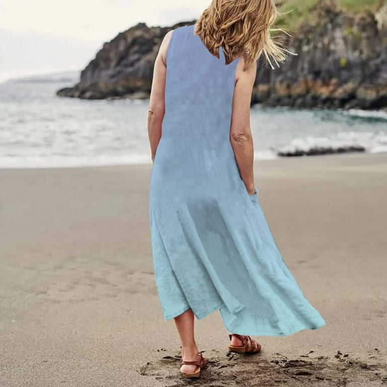 Women's Crew Neck Casual Gradient Print Cuffless Pocket Long Tank Dress  Ladies Summer Dresses Preppy Dresses Womens Summer Soprano plus Size Dress  ...
