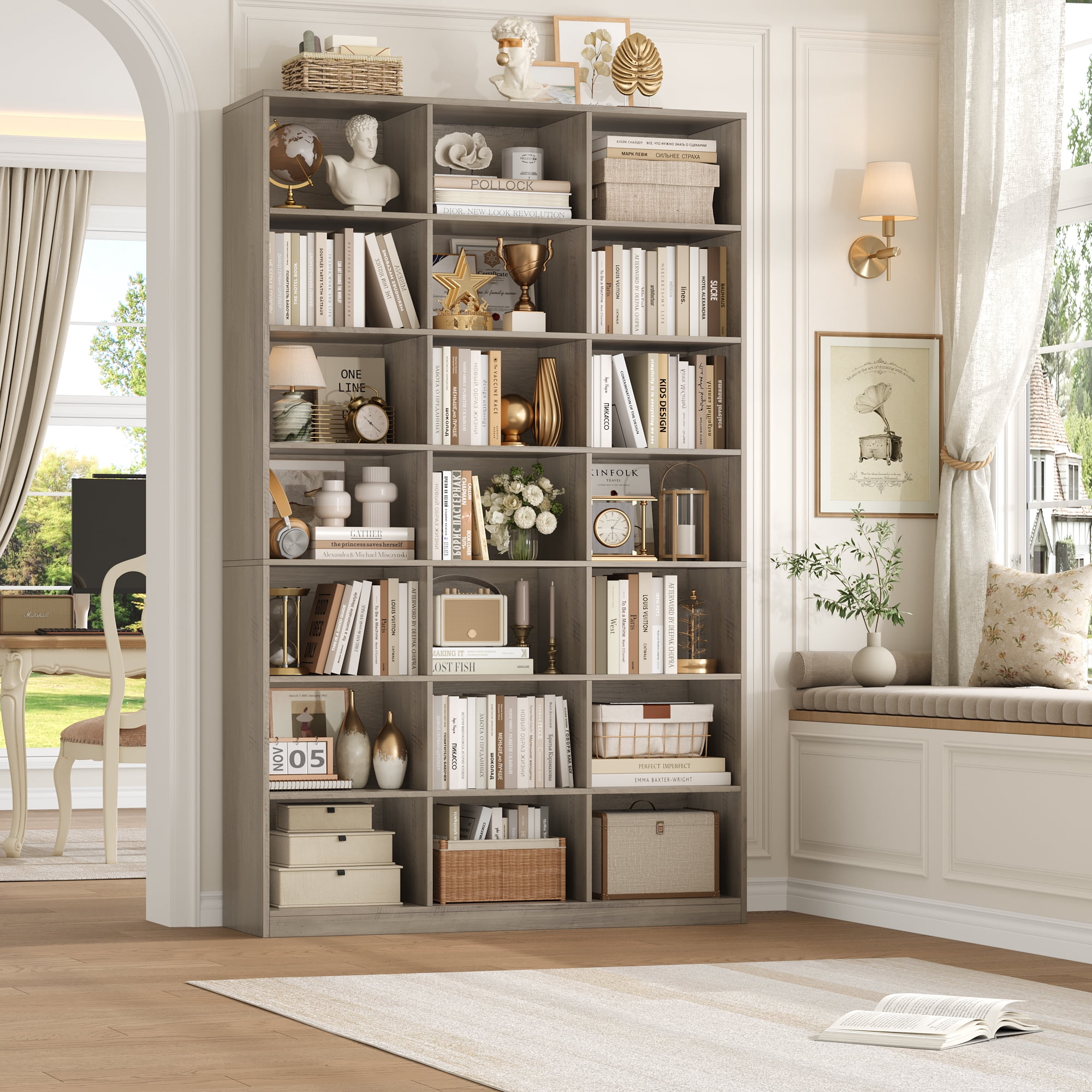 Hiphuta 21-Cube Bookcase, 86"H Tall Wooden Bookshelves for Bedroom, Living Room and Office, Freestanding Display Shelves Cube Organizer, Ash Gray
