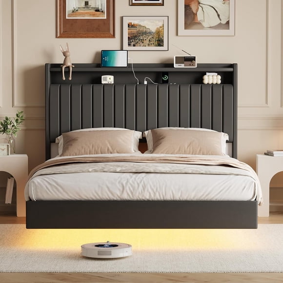 Bingirl Queen - Size Floating Bed Frame with RGB LED Lights and Storage Headboard, Upholstered, with Charging Station, 50 - inch Tall Headboard, Leather Bed Frame, No Box Spring Needed (Black)