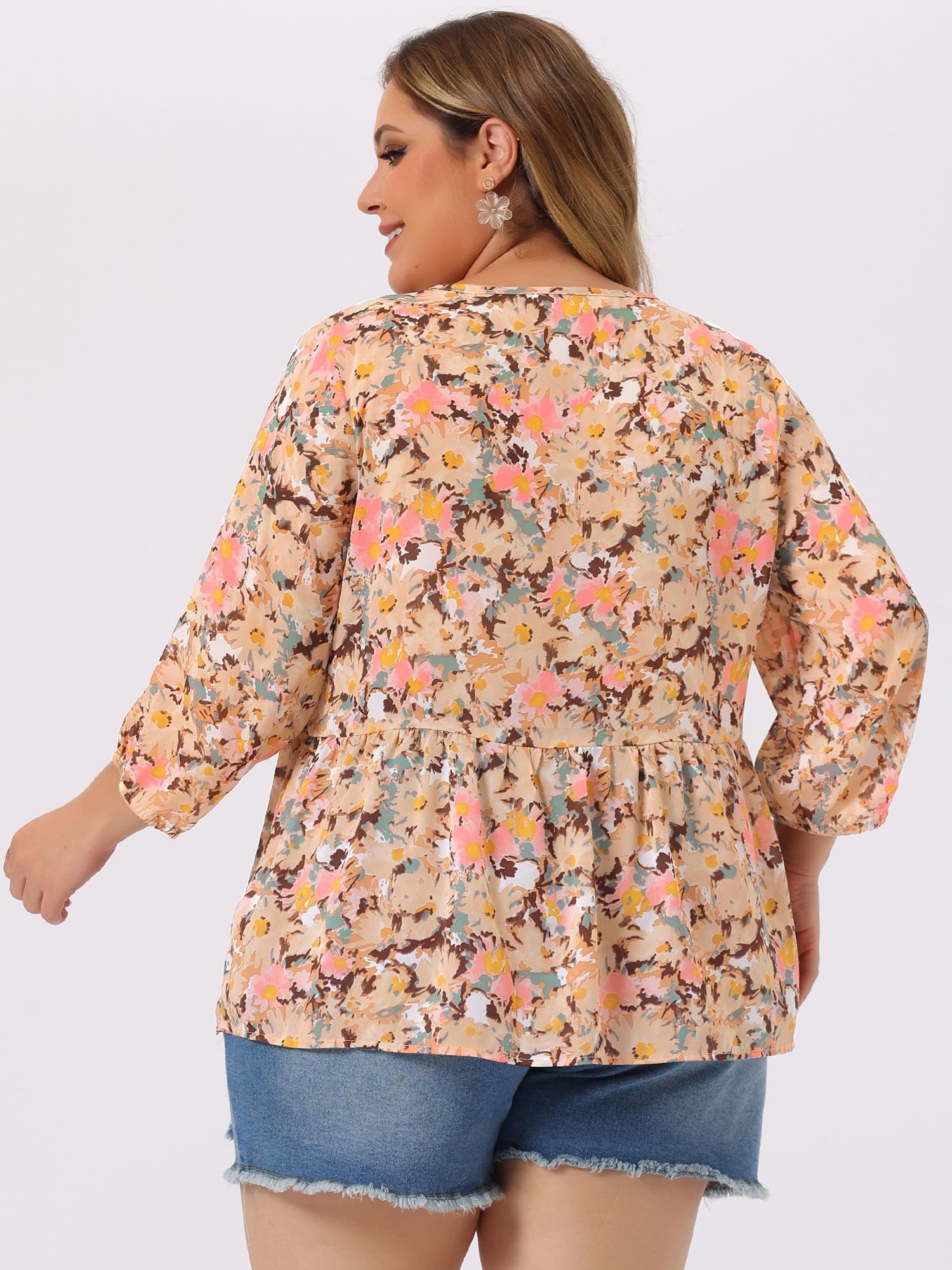DARING DIVA Women's Plus Size V Neck Flowy 3/4 Sleeve Floral Blouse 1X Dark Pink