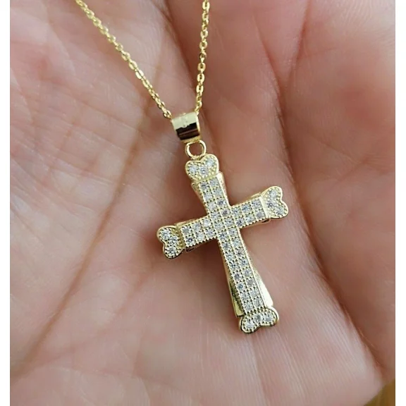 Women's Men's Diamond Cross Pendant Necklace with Chain 14K Yellow Gold over
