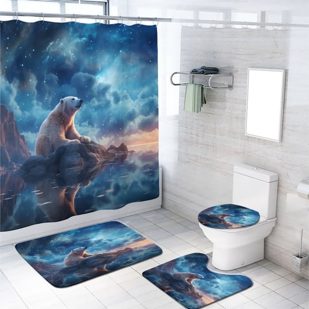 Juego de cortinas de ducha con diseño de oso y alfombra antideslizante, diseño de animales salvajes, fantasía, cielo estrellado colorido, decoración de baño, cortina de baño con alfombras, tapa de