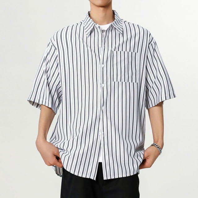 pstuiky Camisa de manga corta para hombre, Camisa de manga larga vintage informal con solapa y botones a rayas para hombre camisas casuales para hombre l
