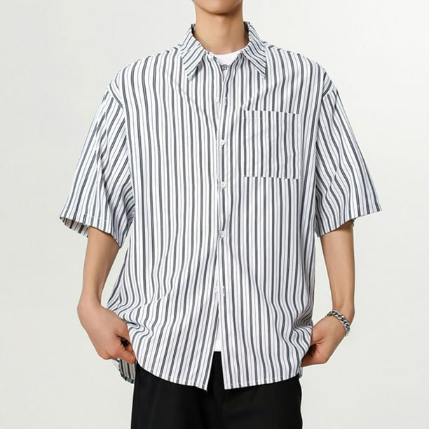 pstuiky Camisa de manga corta para hombre, Camisa de manga larga vintage informal con solapa y botones a rayas para hombre camisas casuales para hombre l