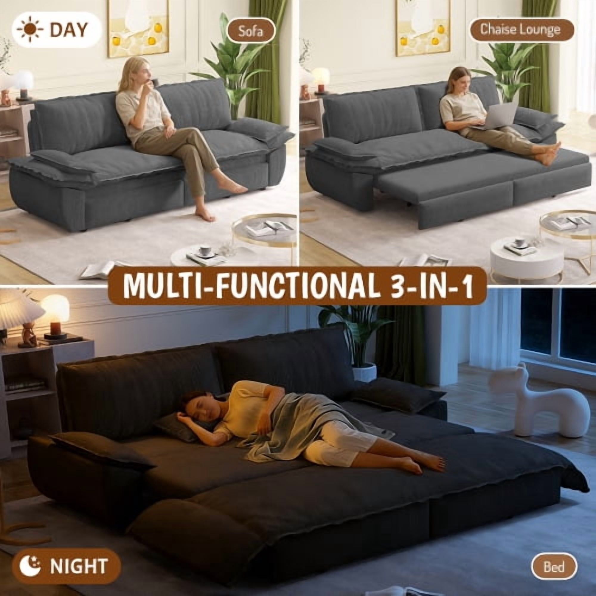 73.2" Queen Pull Out Sofa Bed, 3-in-1 Convertible Sleeper Sofa, Multi-Functional Corduroy Loveseat Couch with Pull-Out Bed, Grey