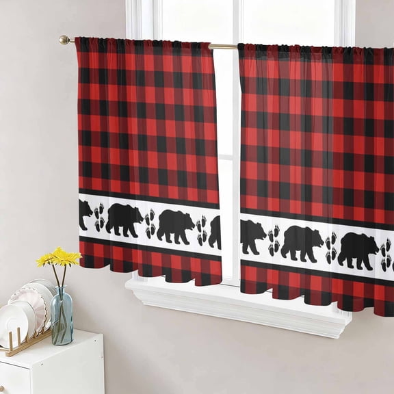 Red Black Plaid Semi Sheer Window Curtains 54 Inches Long, Country Vintage Bear Buffalo Gingham Rod Pocket Voile Silky Chiffon Curtain Light Filtering Drapes for Living Room, 52"x54", 2 Panels