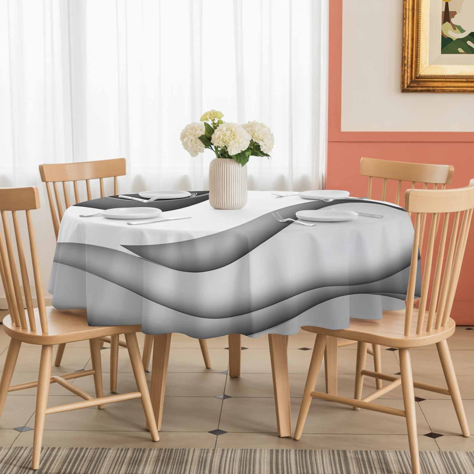 Round Tablecloth Gradient Grey White Beach Waterproof Oil Proof Polyester Table Cloth Cover Decor for Home Dining Outdoor,Patio,Parties, 54" Dia. Abstract Coastal Ocean Wave