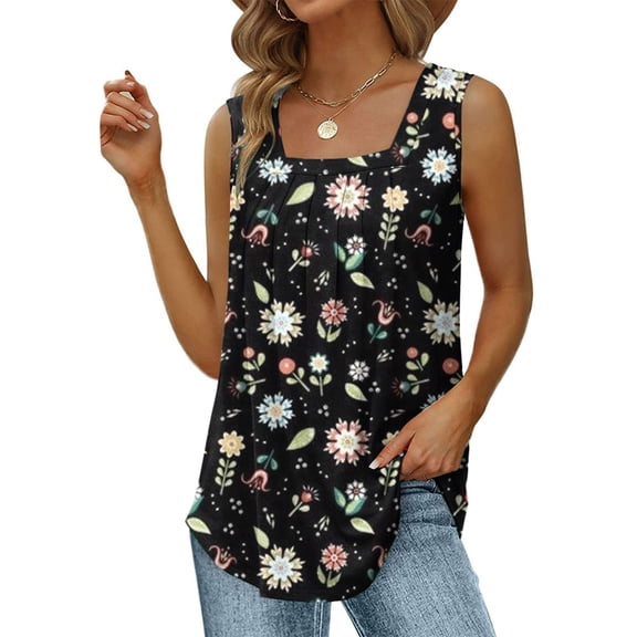 Wycnly Womens Tank Tops Breathable Loose Pleated Swing Vintage Tunic Vest Tops Summer Fashion Floral Print Square Neck Sleeveless Shirts Blouse White XXL
