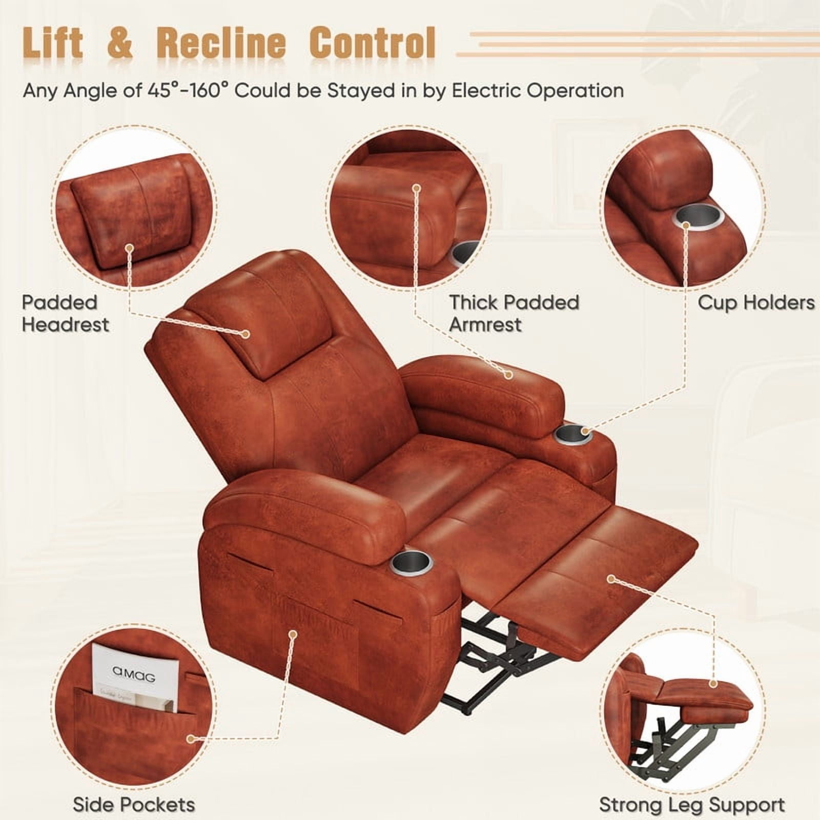 Homall Power Lift Recliner Chair Massage Designed Leathaire Fabric Single Sofa Specifically for Nursing,Brown