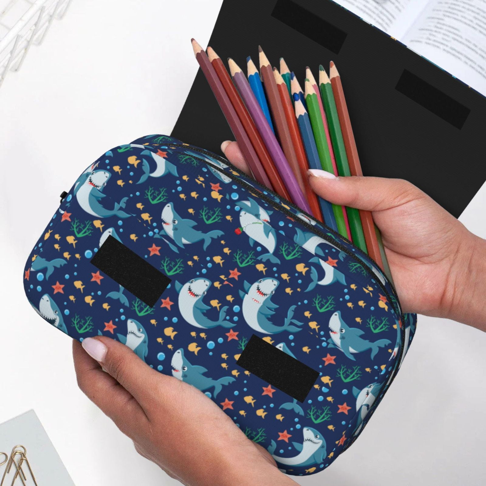 Rateoe Sea Sharks Pattern Double Clamshell Pen Case, Storage Organizer with Two Zipper Compartments– Holds Up to 50 Pencils & Pens