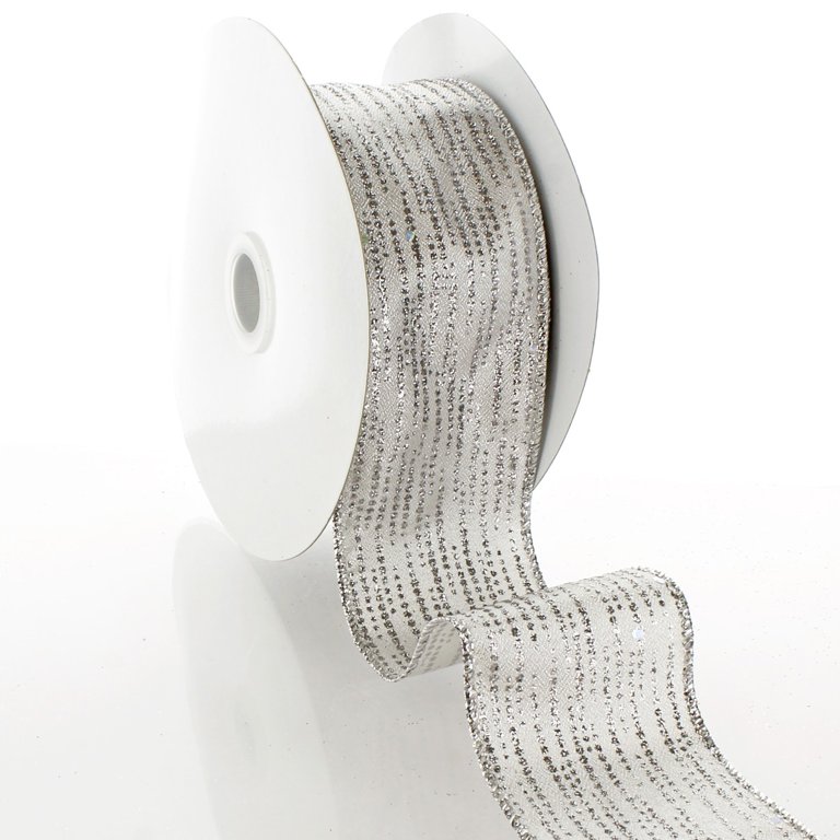Ribbon Traditions Glitter Swirl Scrolls Wired Ribbon 2 1/2 by 10 Yards -  White / Silver 