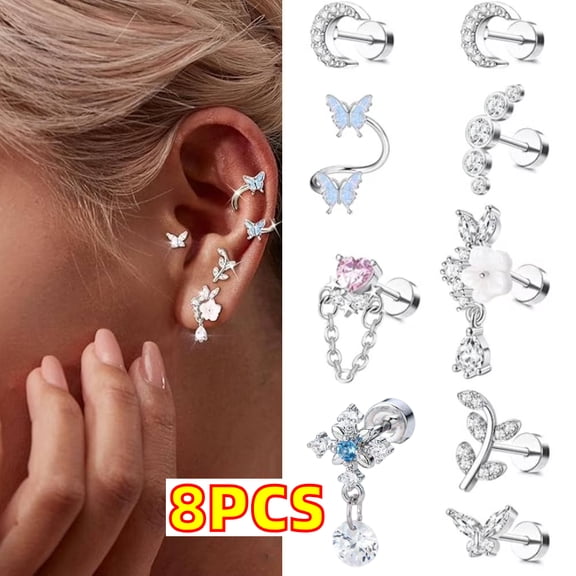 8Pcs 16 Gauge Cartilage Earrings Helix Earrings for Women Stainless Steel Helix Piercing Jewelry Leaf Butterfly CZ Studs Flat Back Cartilage Earrings Set
