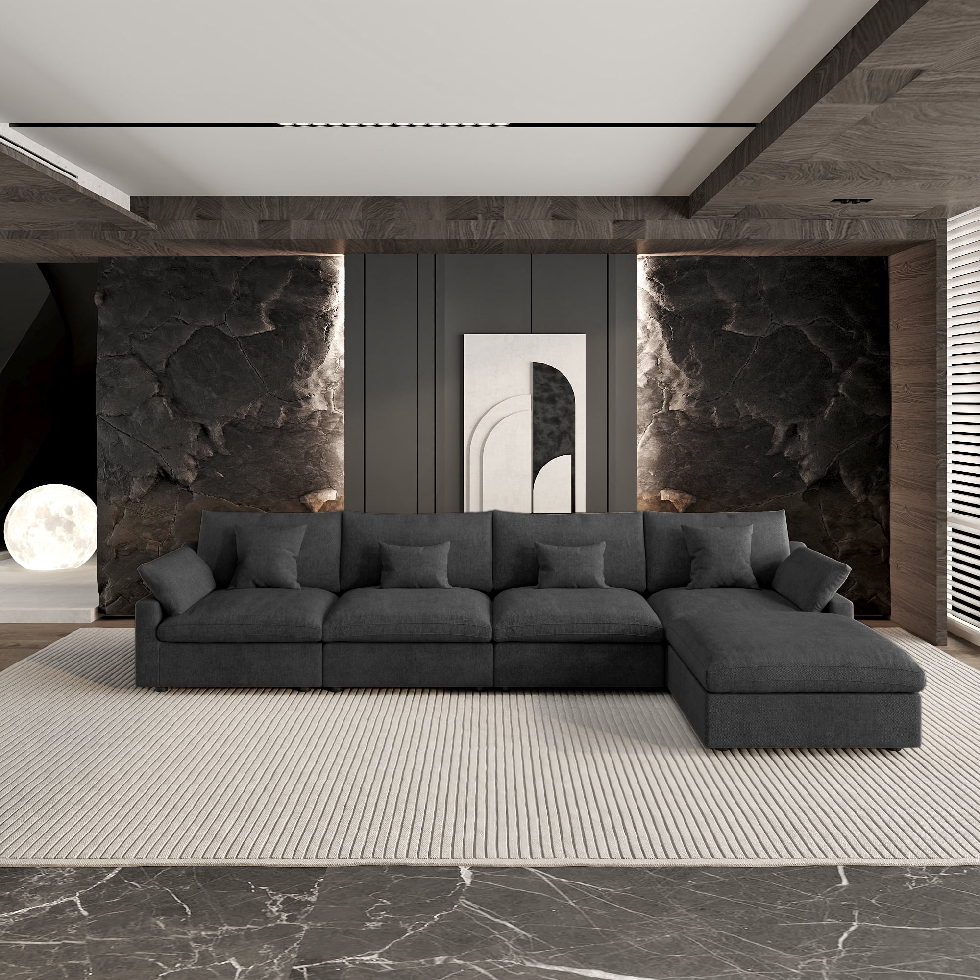 120" Cloud Couch Sectional for Living Room, Down Filled Convertible L Shape Couch with Ottoman,Black