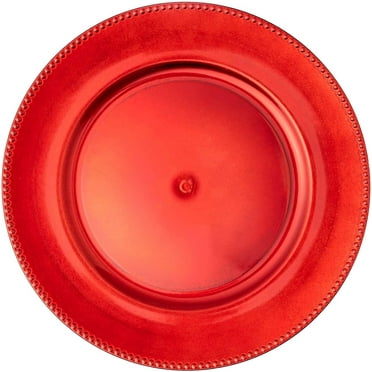 Simply Elegant Beaded Edge Plastic Charger Plate | Service Plate for Parties, Dinner, Weddings, Quinceaneras and Events | 13 inch Diameter | Red- Gloss Finish | Set of 12