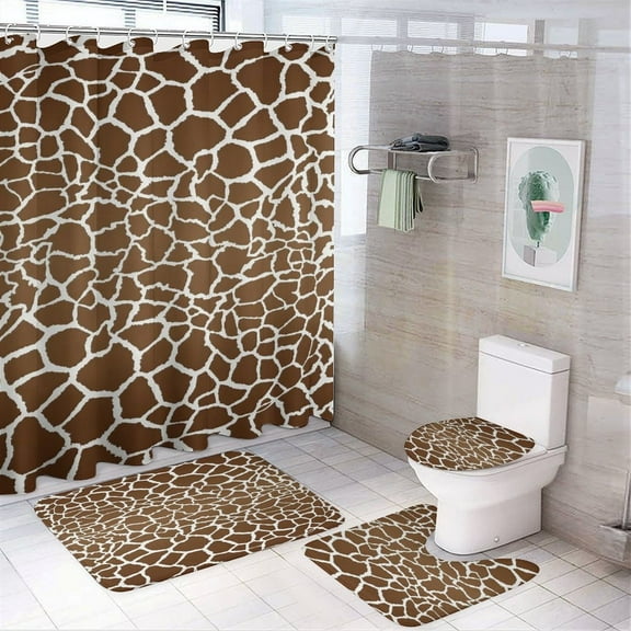 Giraffe Pattern Shower Curtain Sets Non-Slip Rugs Bath Mat Toilet Cover U Shaped Mat 4 Pcs