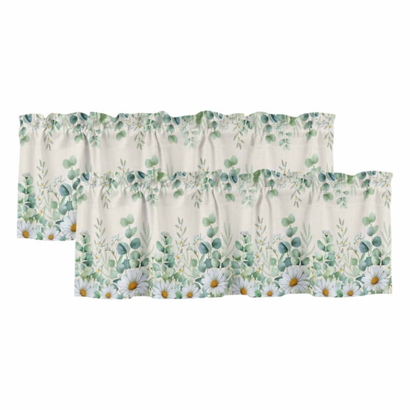 Green Eucalyptus Leaves Valances for Windows, Daisy Summer Botanical Watercolor Light Filtering Kitchen Curtains, Rod Pocket Window Valance Curtains for Living Room Bedroom, 42" W x 12" L, 2 Panels