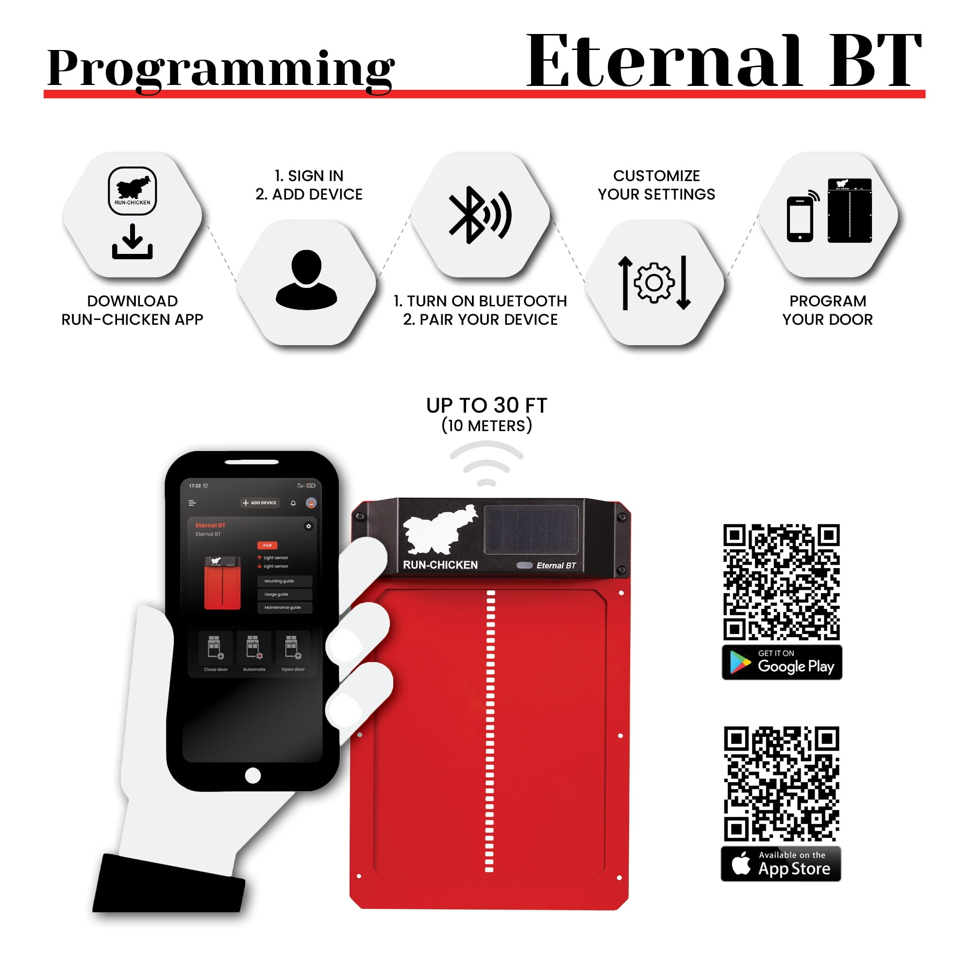 Eternal BT RUN-CHICKEN Door – Solar-Powered Automatic Coop Door with Bluetooth Control (Red)