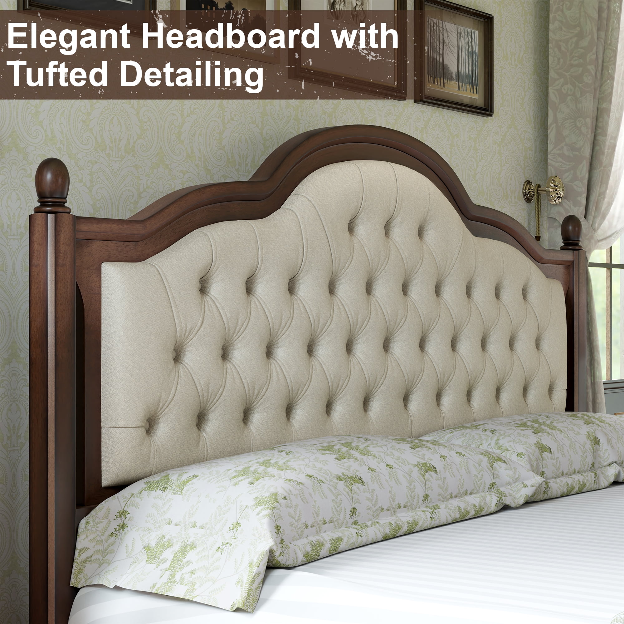 VANACC Queen Wood Bed Frame with 52.5" Upholstered Headboard, Wood Slat Support, No Box Spring