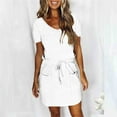 thumbnail image 3 of Ahabrexf Womens Summer Dress Short Sleeve V Neck Tie Back Flowy A-Line Double Layer Hem Mini Dress w/ Front Pockets, 3 of 5