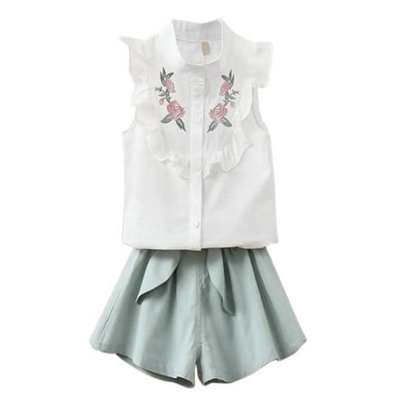 Fysho 2019 Summer Baby Girls Clothing Set Children Heart Shirt Bow Shorts Suit Kids Floral Bow Clothes 2Pcs