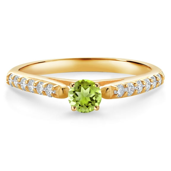 Gem Stone King 10K Yellow Gold Green Peridot and White Lab Grown Diamond Engagement Ring for Women (0.39 Cttw, Gemstone August Birthstone, Round 3.5MM, Size 9)