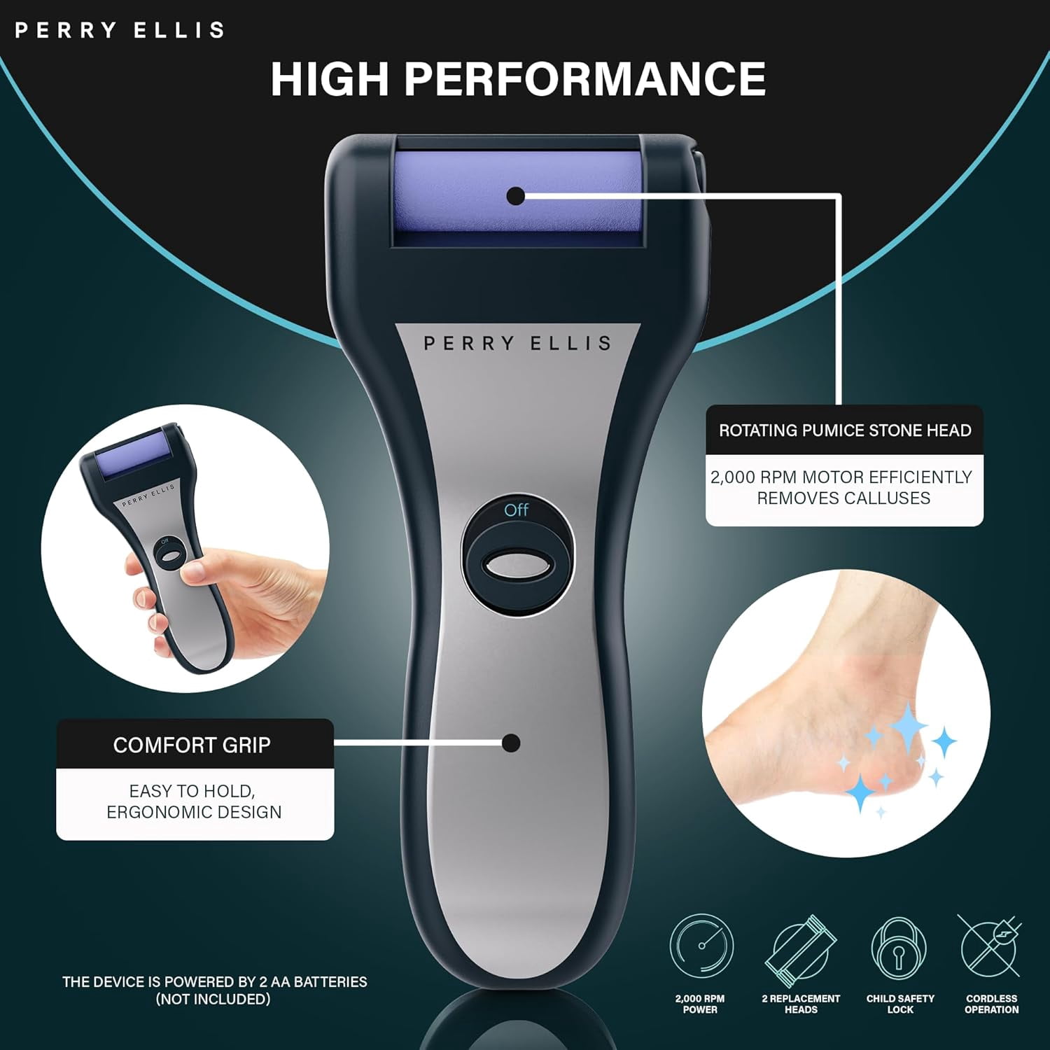 Perry Ellis Electric Callus Remover for Feet, Battery-Operated Foot-File Kit with 3 Pumice-Stone Heads, Cleaning Brush, Protective Cap, and Child-Safety Lock, 2,000 RPM, 2 AA Batteries Required