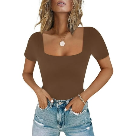 Women s Sexy Square Neck Short Sleeve Bodysuit Tops Double Lined Thong Bodysuit