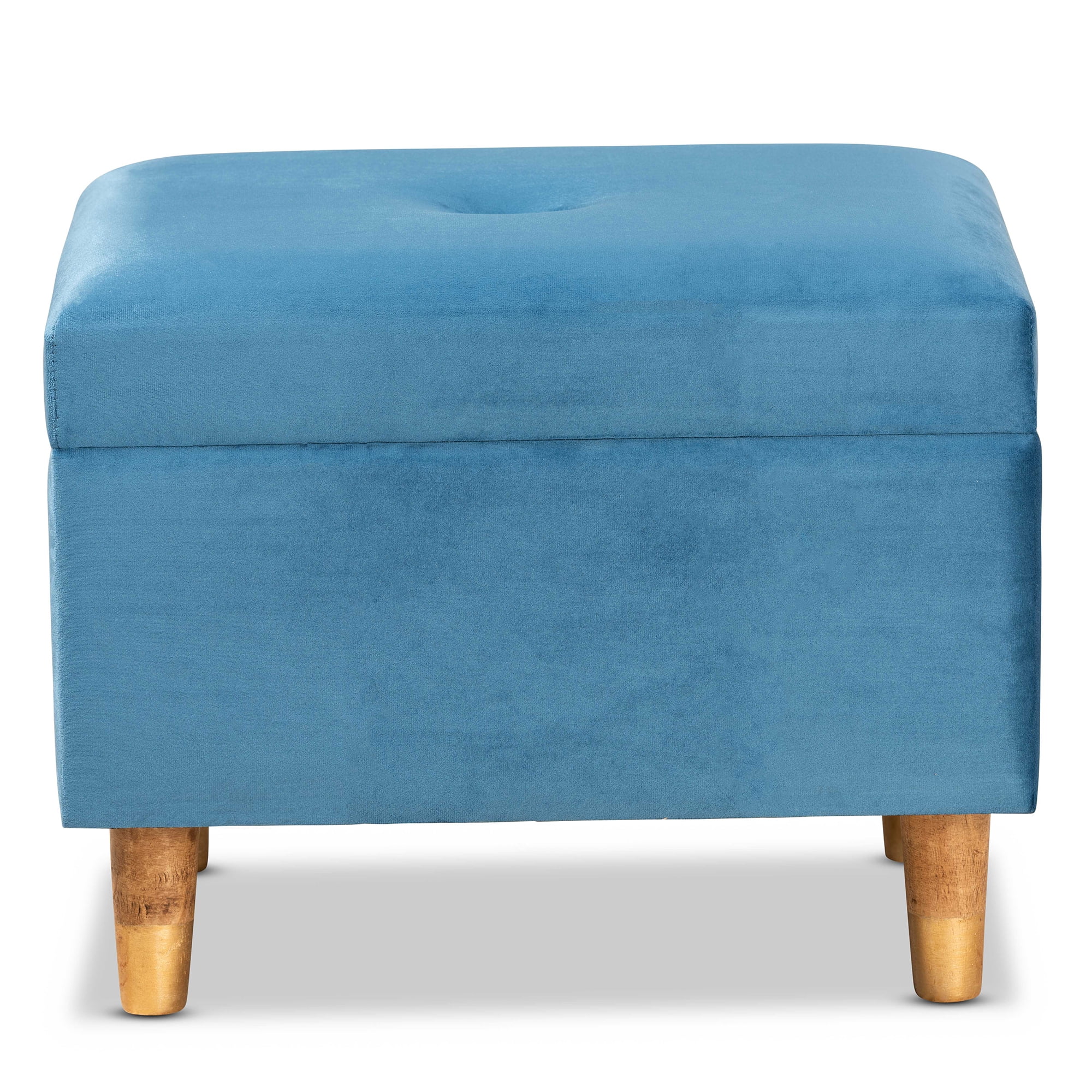 Baxton Studio Elias Modern and Contemporary Sky Blue Velvet Fabric Upholstered and Oak Brown Finished Wood Storage Ottoman
