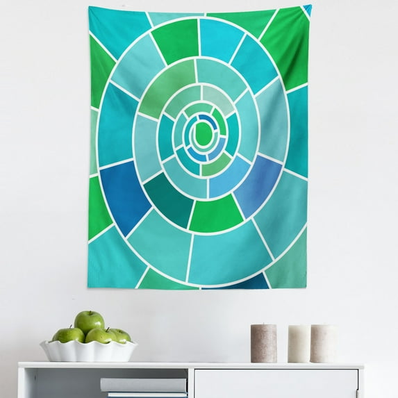 Geometric Tapestry, Large Spiral Form with Rectangular Shapes in Green and Blue Tones Modern Design, Fabric Wall Hanging Decor for Bedroom Living Room Dorm, 5 Sizes, Multicolor, by Ambesonne