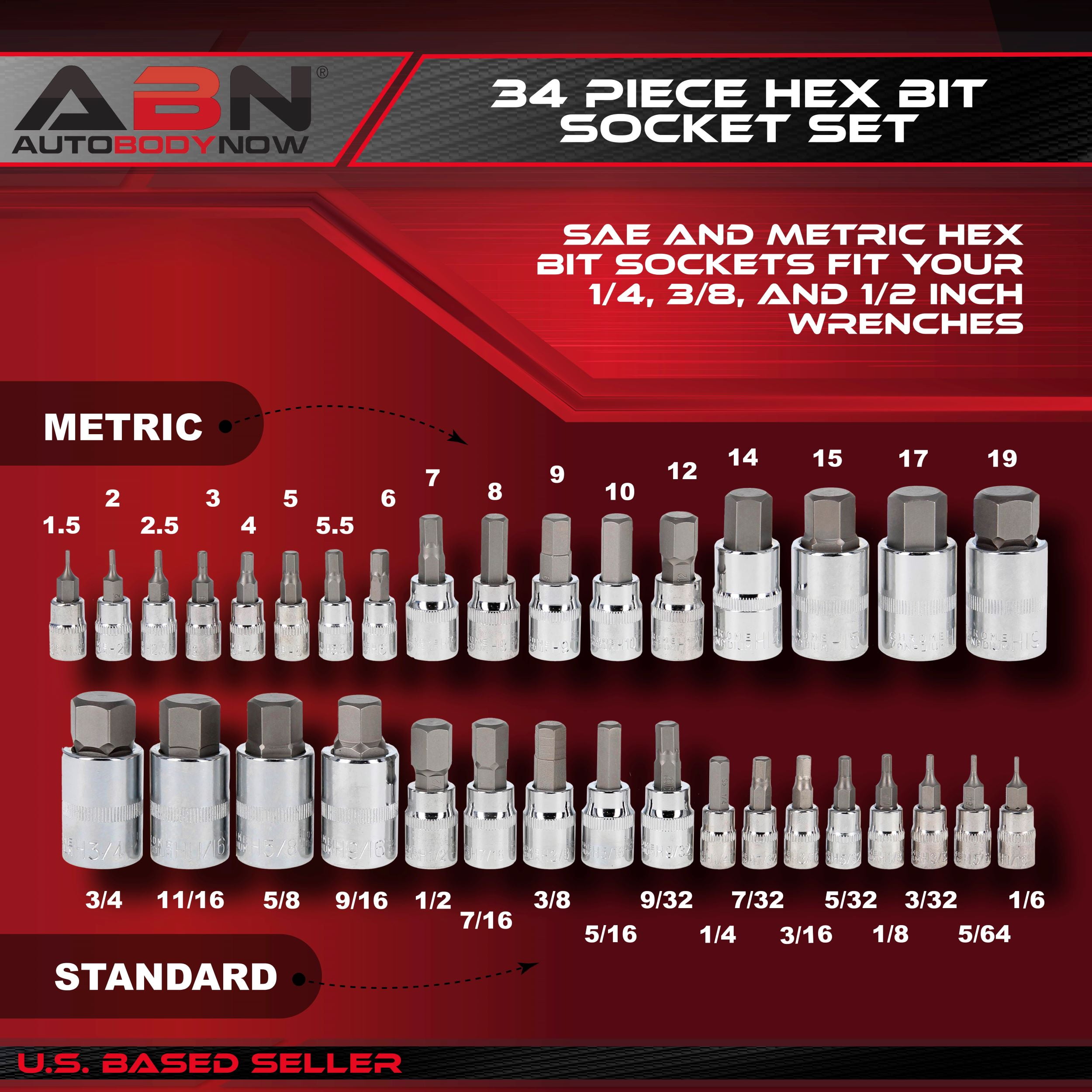 ABN 34 Piece Allen Socket Set SAE and Metric Hex Bit Set 3 8 1 4