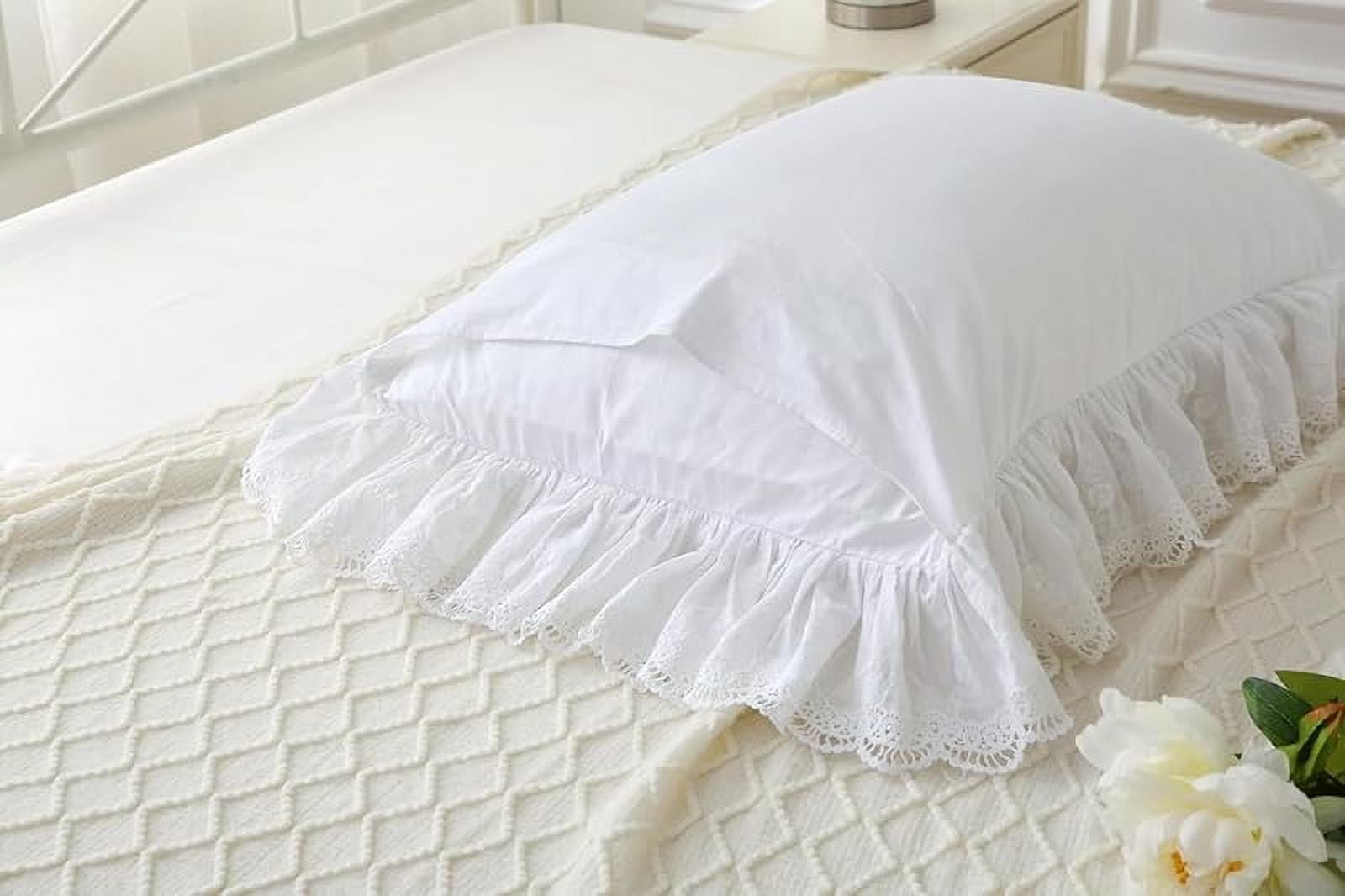 White Pillow Shams with Lace Ruffles Vintage Shabby Chic Pillowcases Pillow Covers Cotton King Size 20"X36" Luxury Elegant 2-Pack