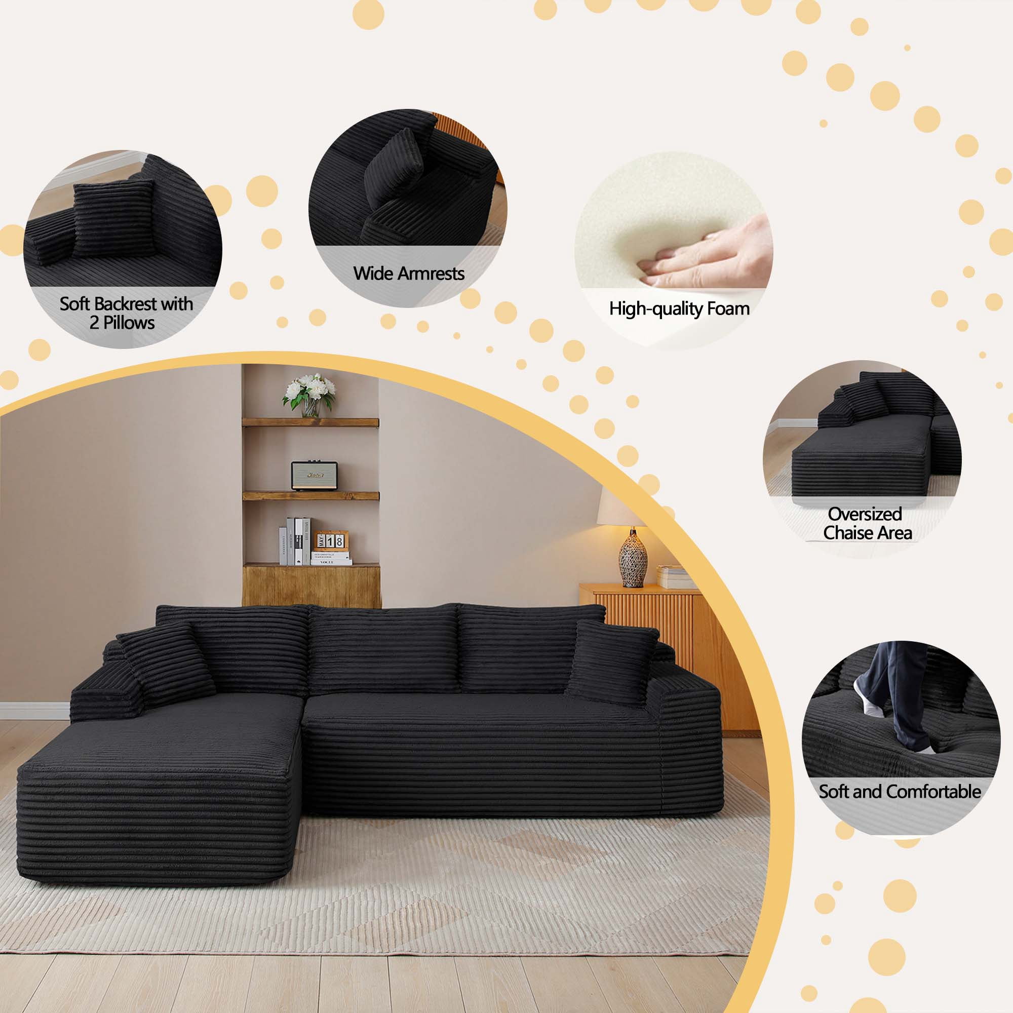 CAPCAEK 105" L-Shaped Modular Sectional Sofa with Chaise, Deep Seat Corduroy Couch with Throw Pillows for Living Room, No Assembly Required, Black