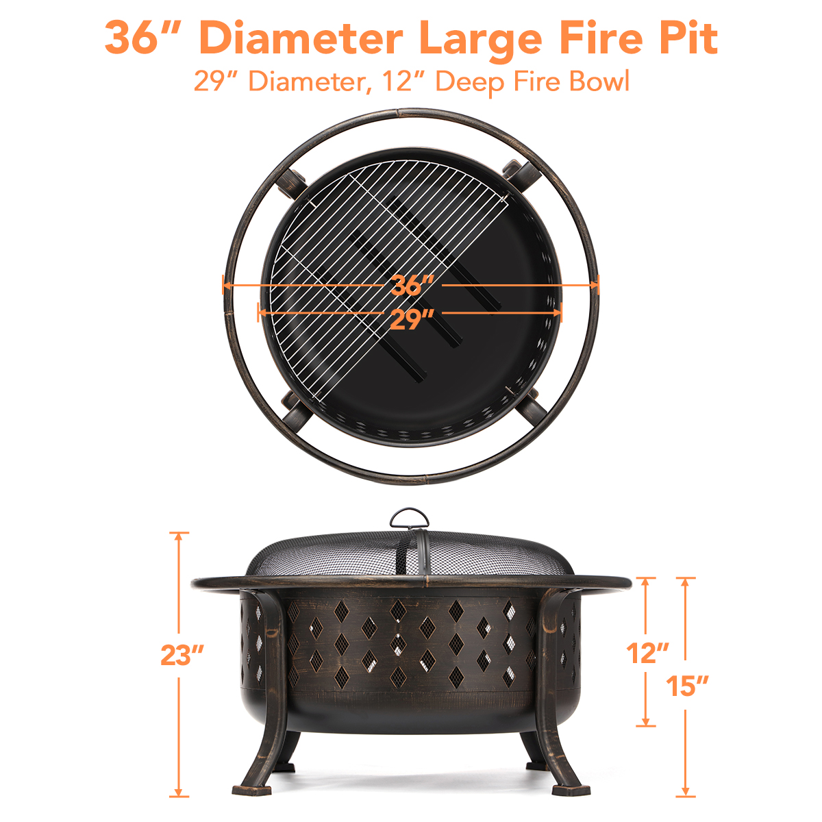 KingSo 36" Fire Pits for Outside Wood Burning Fire Pit Outdoor Firepit Square Large Bowl with Ash Plate Spark Screen Log Grate Poker for Camping Backyard Bonfire Patio - image 3 of 7