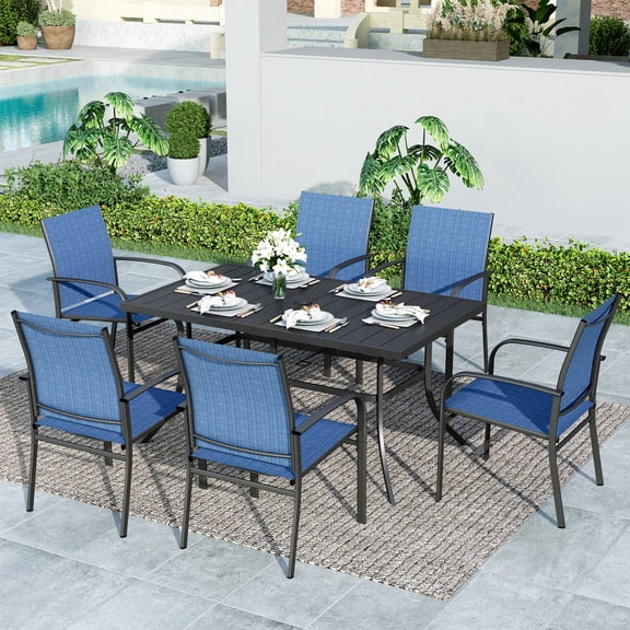 7-Piece Outdoor Patio Dining Set with 6 Textilene Chairs & 1 Metal Steel Rectangle Table, Black & Blue
