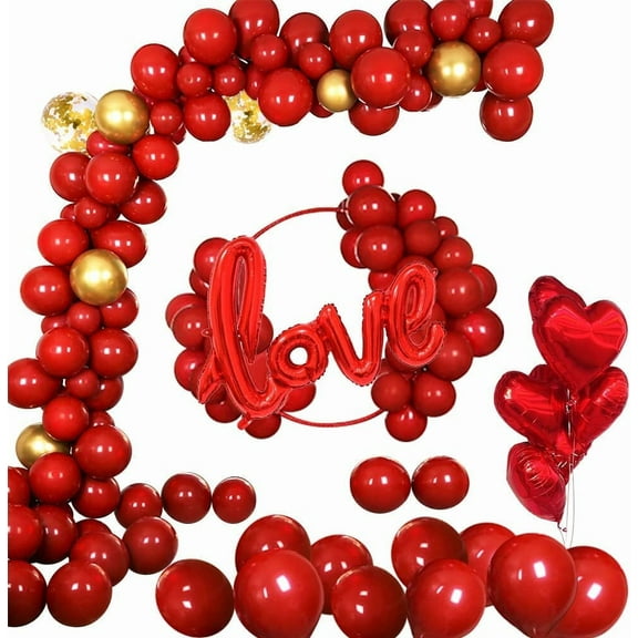 AOWEE Valentine's Day Balloon Decorations, Ruby Red Gold Balloon Garland Kit with Red XXL LOVE Balloons for Wedding Valentine's Day Engagement Special Night Propose Marriage