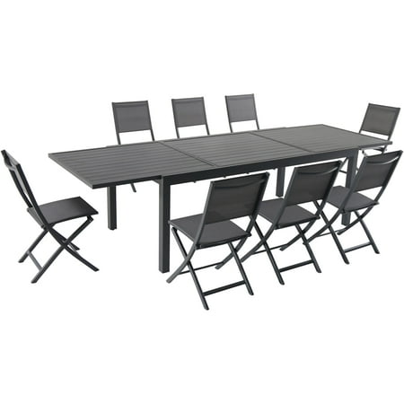 Hanover Naples 9-Piece Outdoor Dining Set | Aluminum 40 x 118 Expanding Patio Table with 8 Folding Sling Chairs | Modern Comfortable and Weather-Resistant | NAPDN9PCFD-GRY