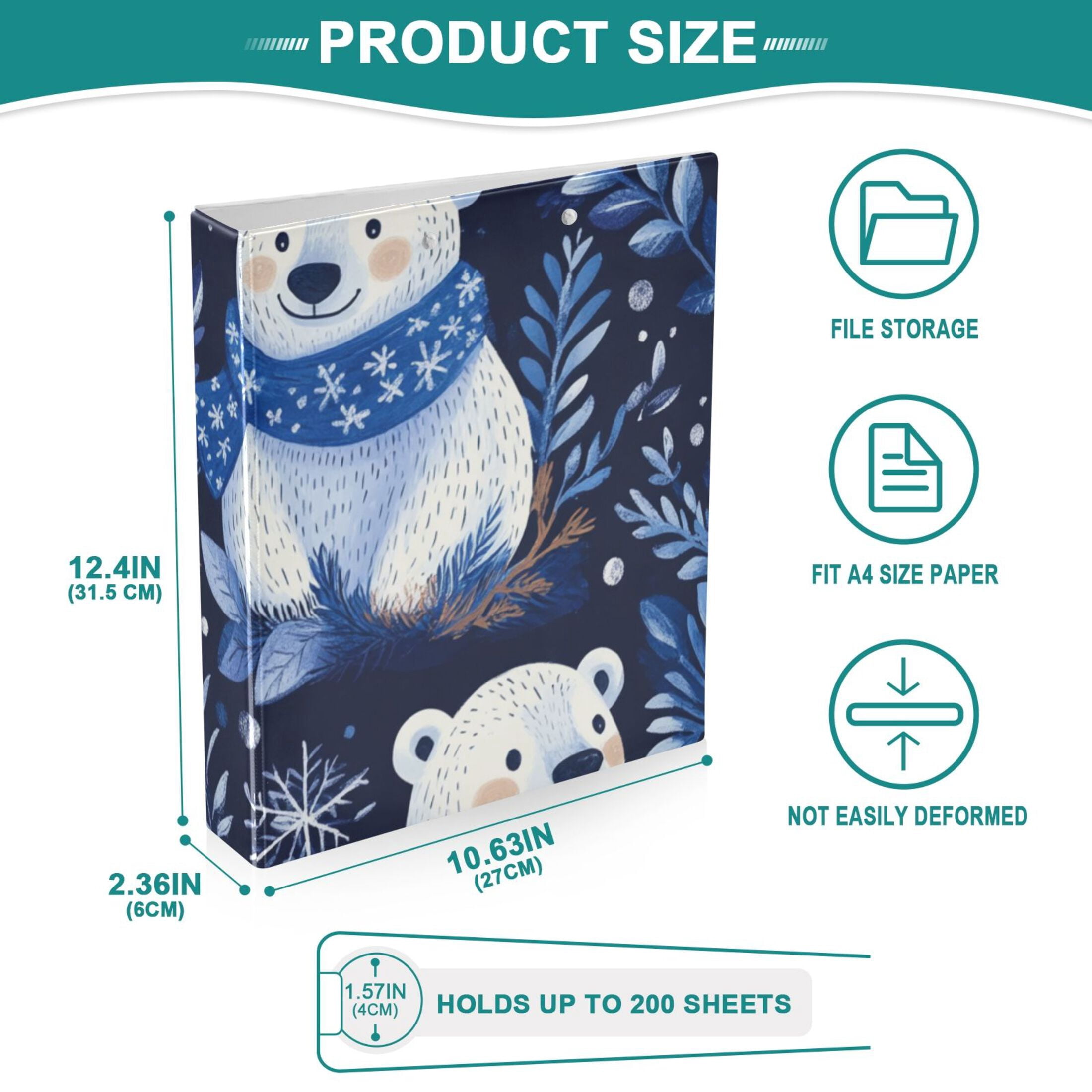 Polar Bears and Leaves 3 Ring Binders 1.5 inch Hardcover File Folders with Interior Pockets A4 Size Organizer for School Office Hospital