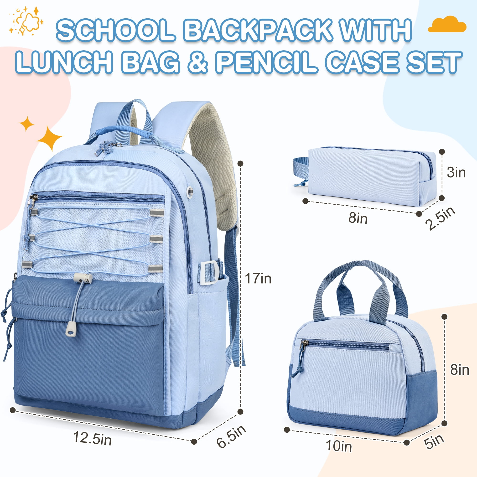 DAKIMOE 3 PCS School Backpacks for College Teens Cute Girlish Middle High School Bookbag Large Capacity Lightweight Waterproof Daypack for Students