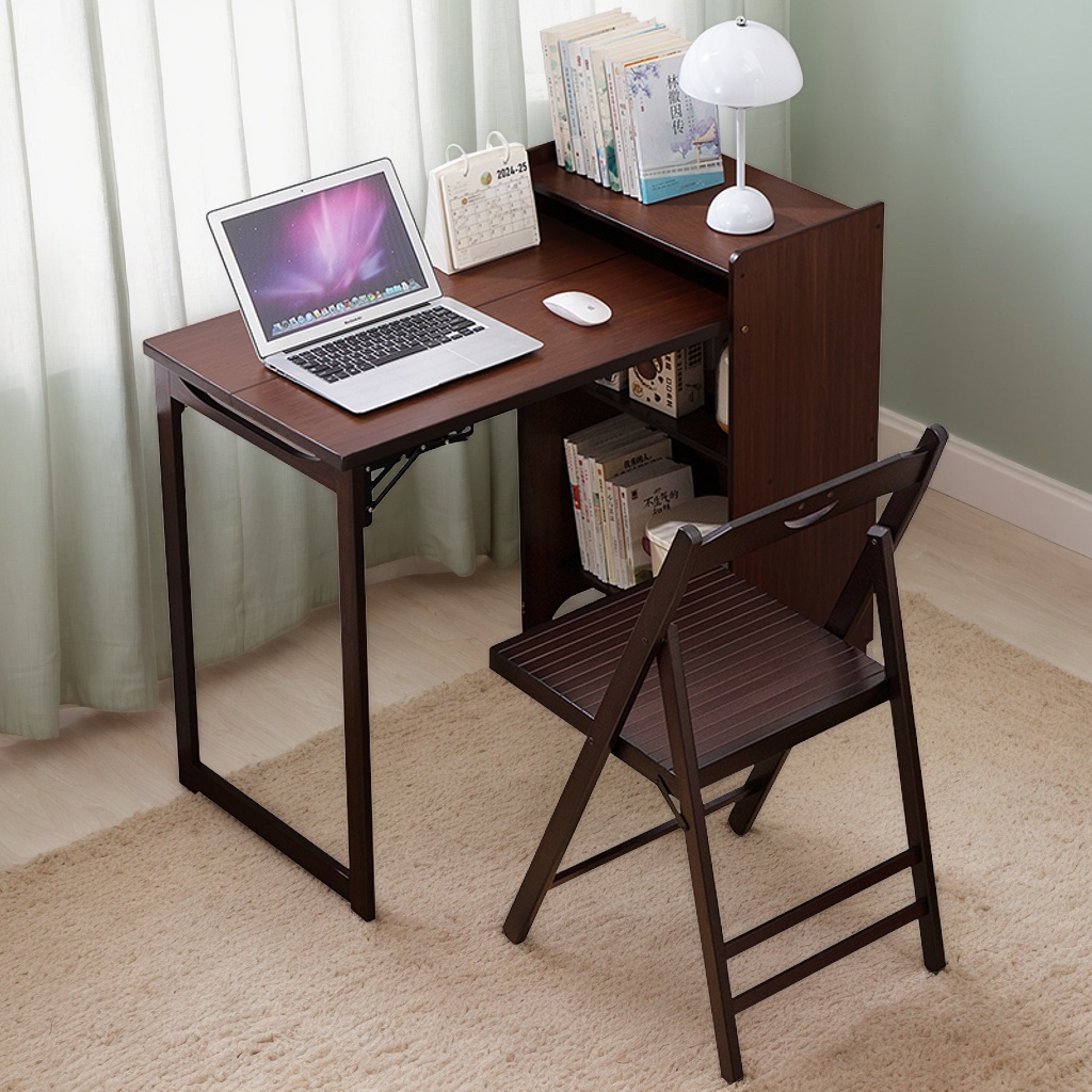 Bamboo Folding Desk, Foldable Desk for Small Space, Computer Desk with Hidden Storage and Built-in Socket, Mid Century Foldable Table for Home Office and Bedroom (Walnut Brown