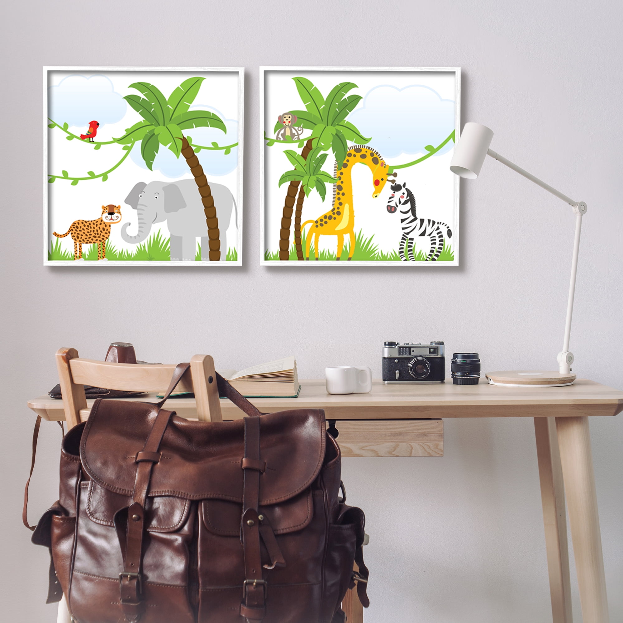 Stupell Industries Jungle Animals Scene Animals & Insects Painting White Framed Art Print Wall Art, 24 x 24, Set of 2