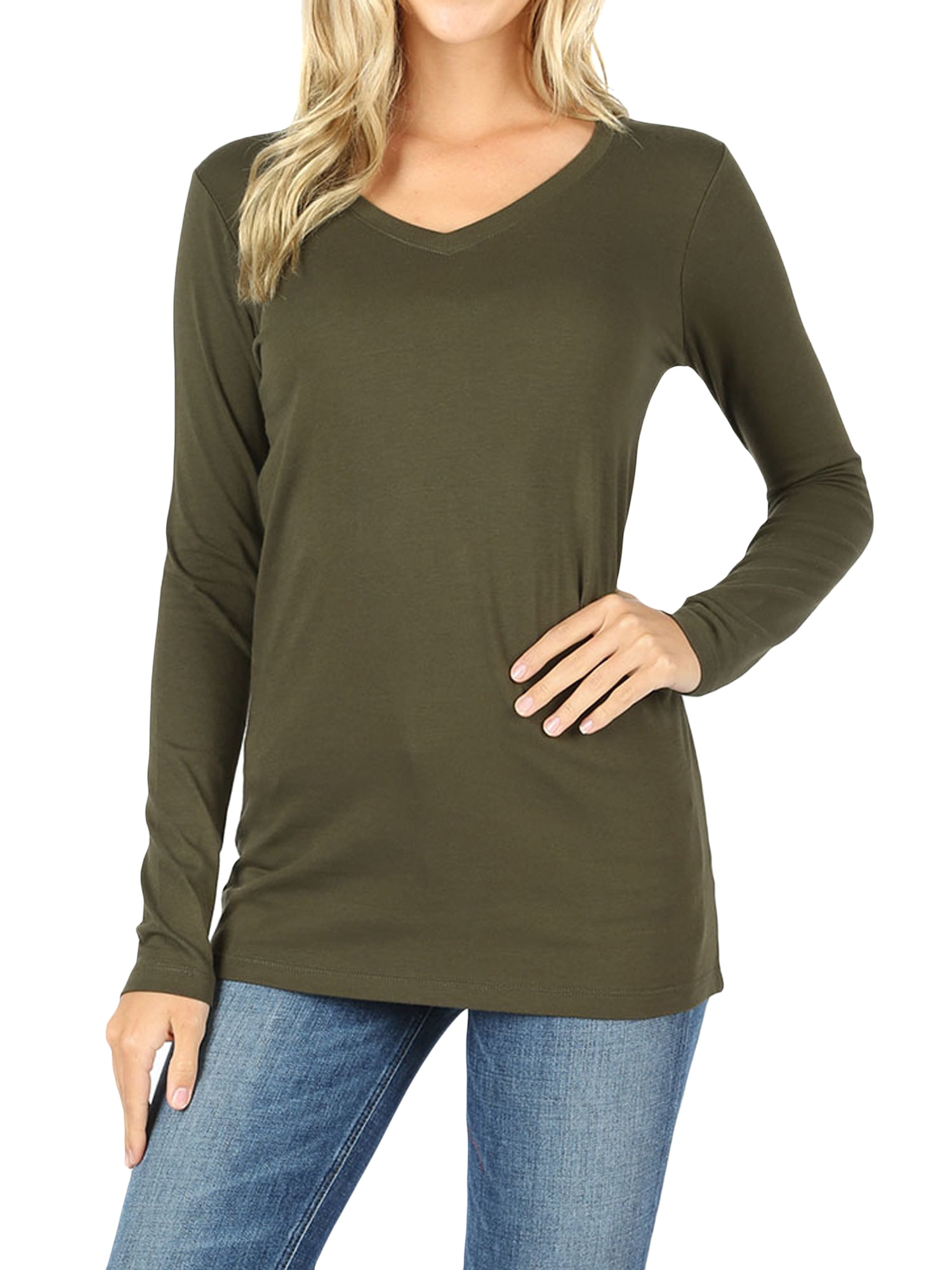 TheLovely - Women Casual Basic Cotton Loose Fit V-Neck Long Sleeve T ...