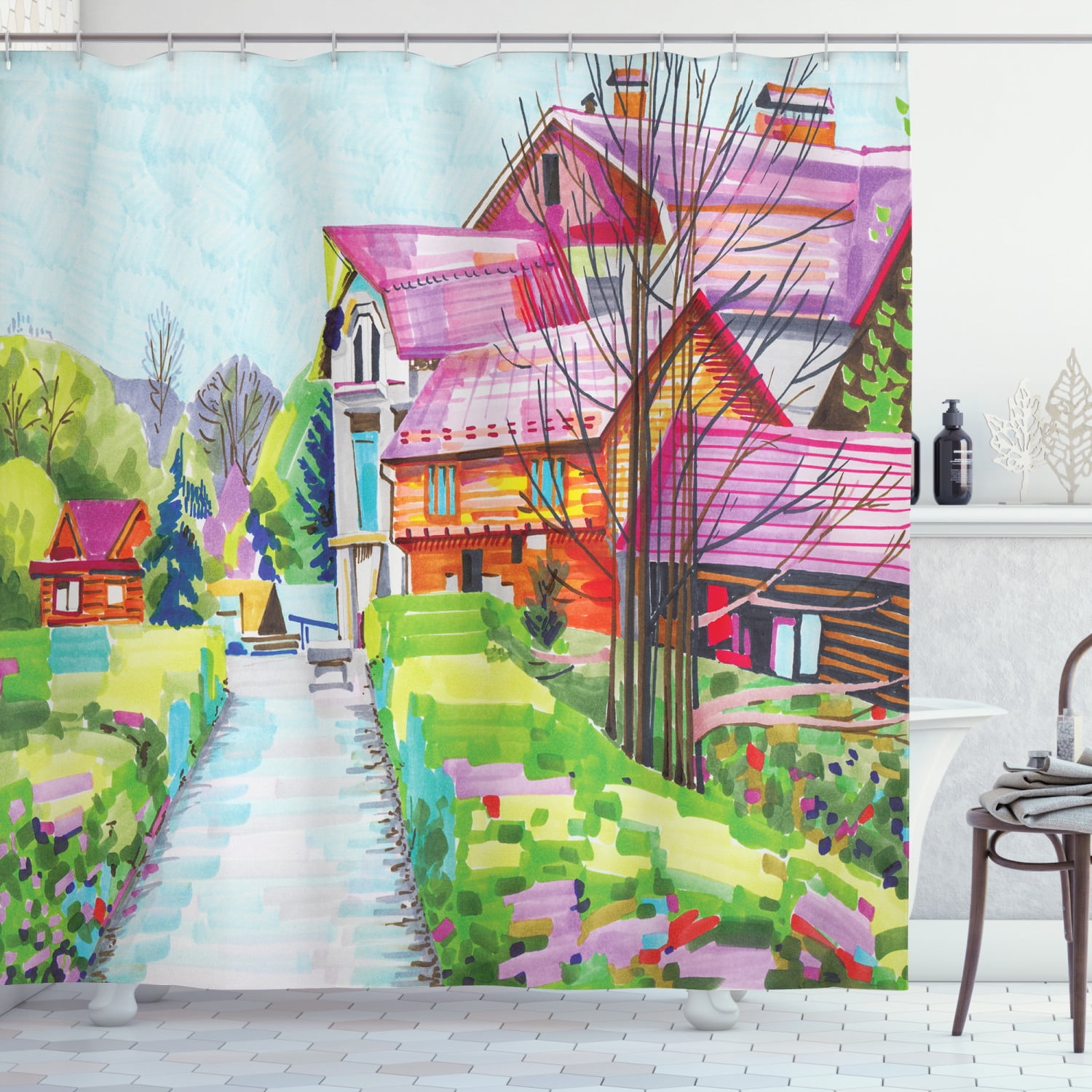 Fine Art Shower Curtain, Unusual Rural Village with Wooden Houses