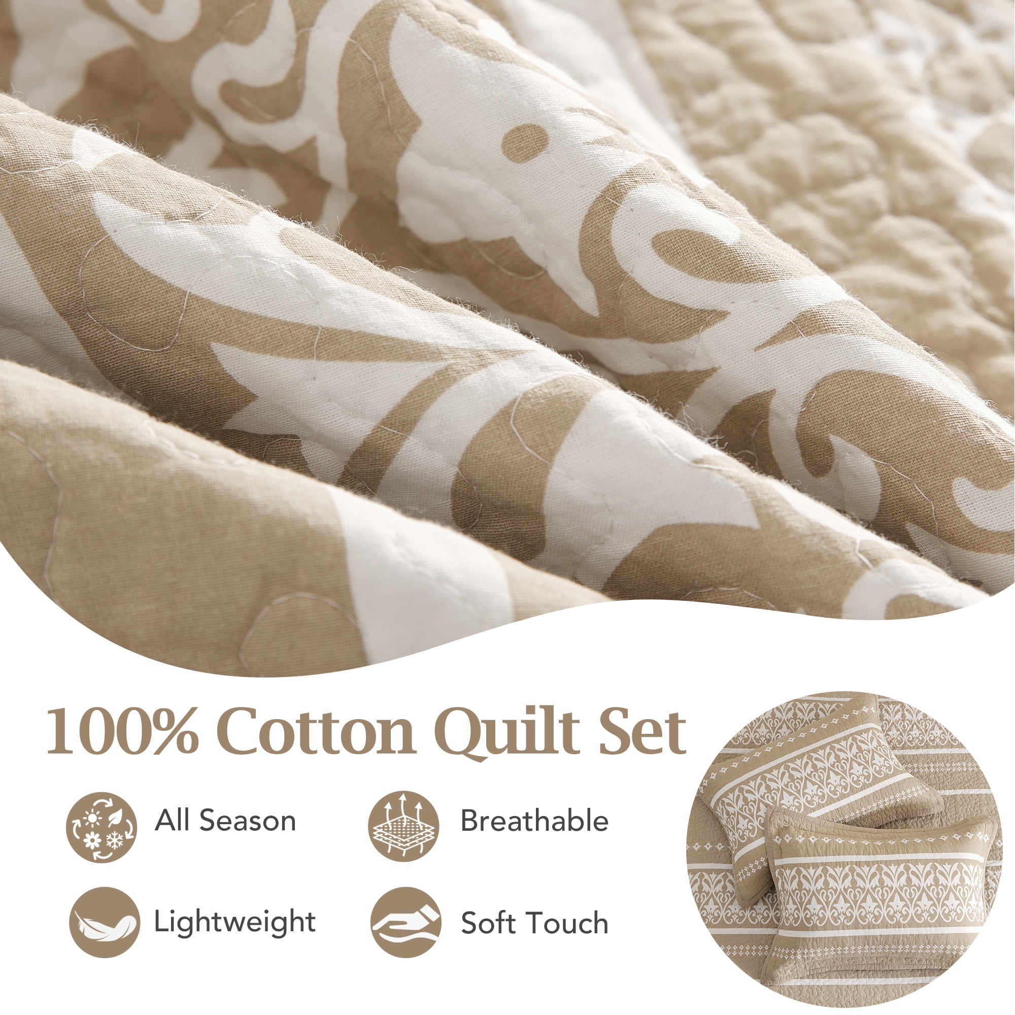 BCOTTOND Boho Quilt Set Queen 3-Piece, 100% Cotton Farmhouse Bedding, Warm Tan & Taupe Bohemian Pattern, All-Season Lightweight Coverlets