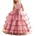 thumbnail image 2 of Girls Princess Dresses Floor Length Embroidery Flower Trendy Bow Detail Sleeveless Ruched Layered Tulle Gown for Flower Girl Wedding Party Birthday Pink 5-6Years, 2 of 7